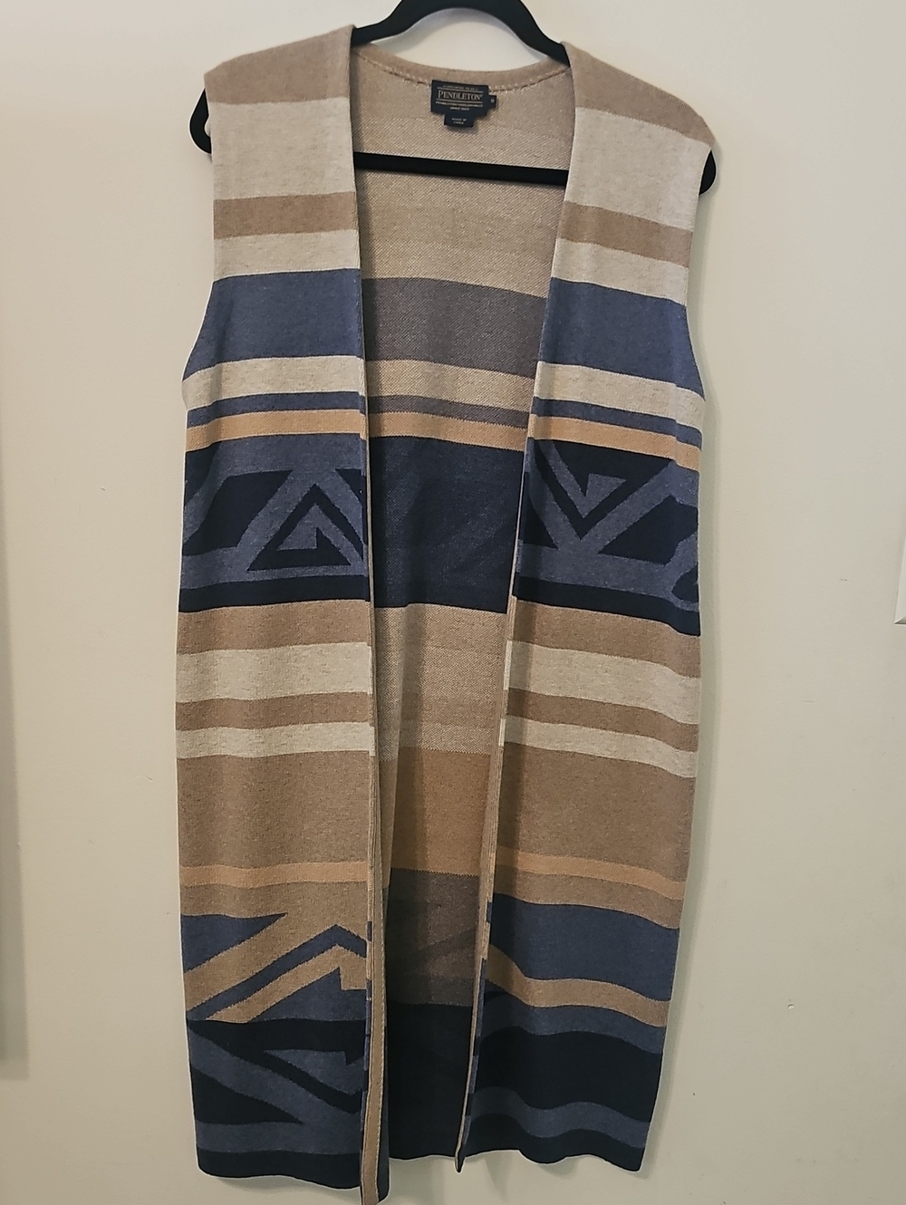 Pendleton Blue and Tan Aztec Open-Front Knit Vest